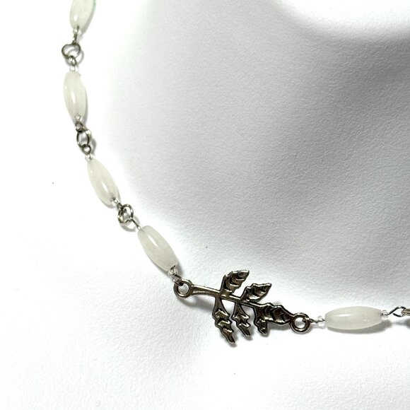Genuine Milky Quartz Short Necklace, Natural Gemstone w/ Leaf Branch Pendant - Picture 1 of 15
